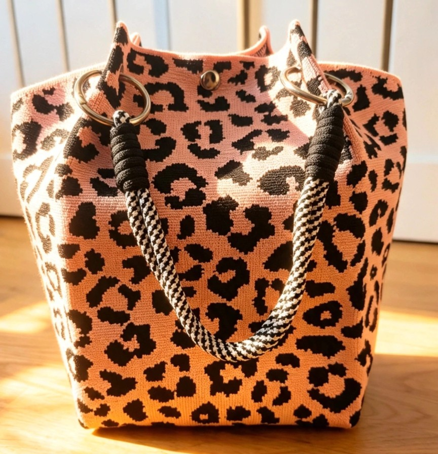 New Pink Leopard Print Knit Bucket Bag