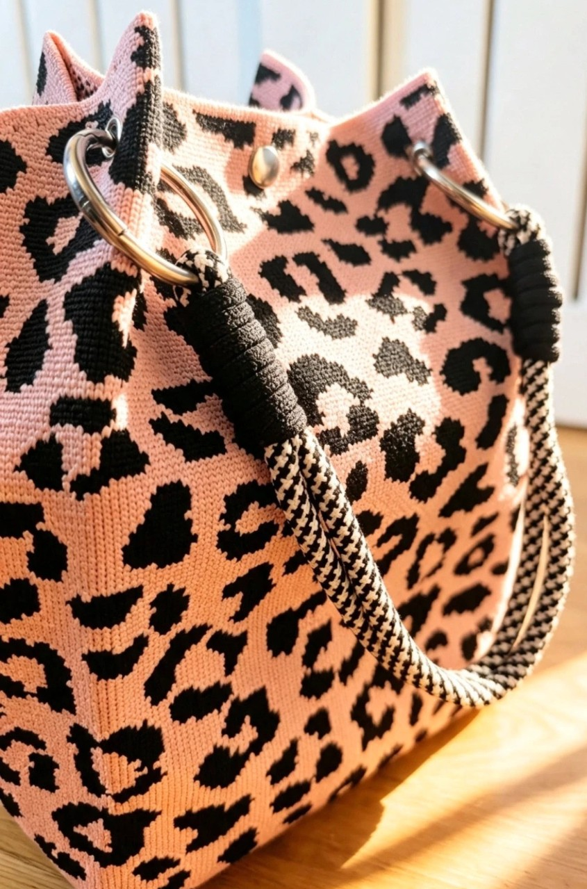New Pink Leopard Print Knit Bucket Bag - Image 2