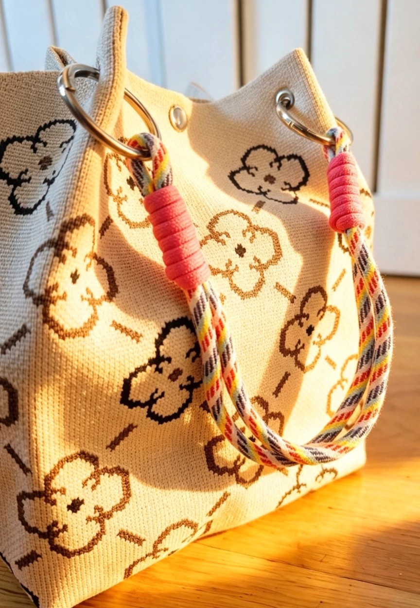 New Cream Brown Flower Knit Bucket Bag - Image 2