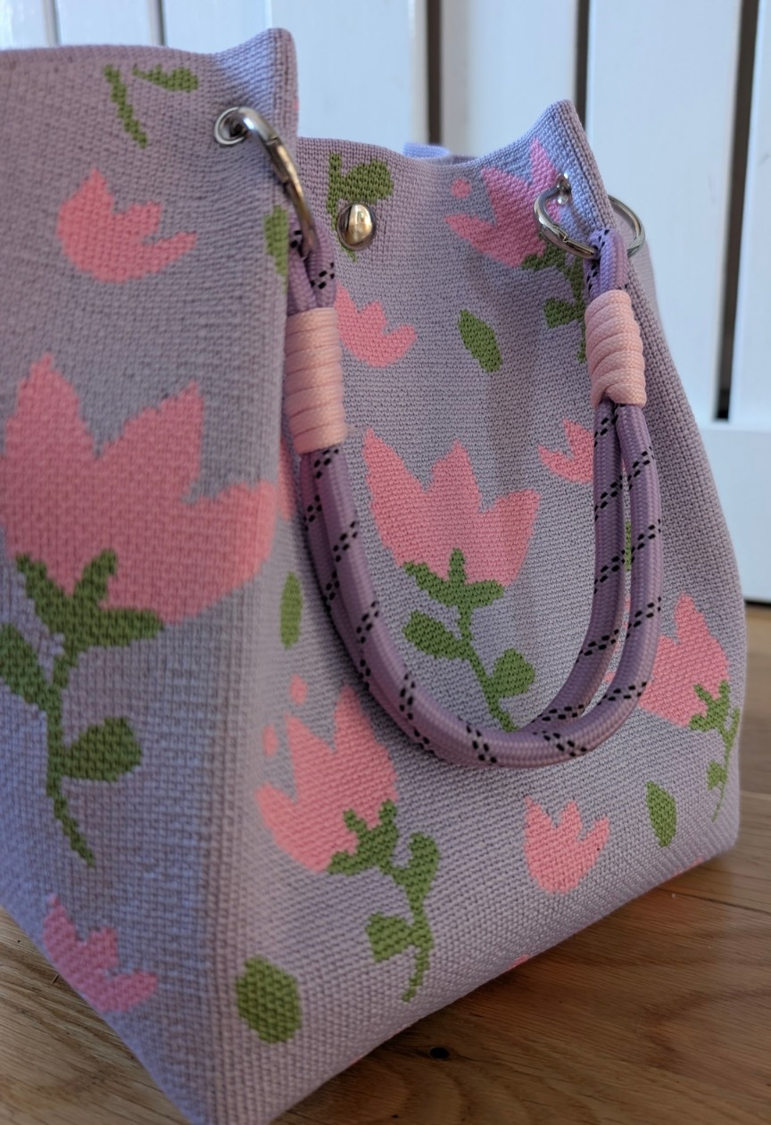 New Purple Pink Flower Knit Bucket Bag - Image 2