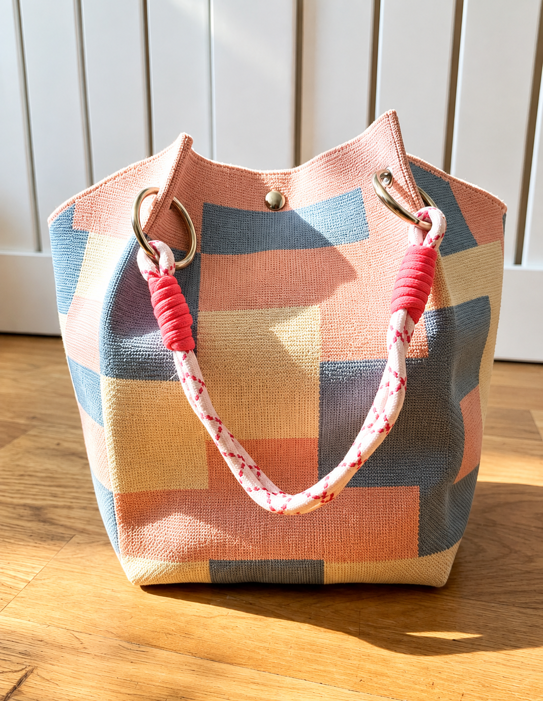 New Pink Blue Block Knit Bucket Bag