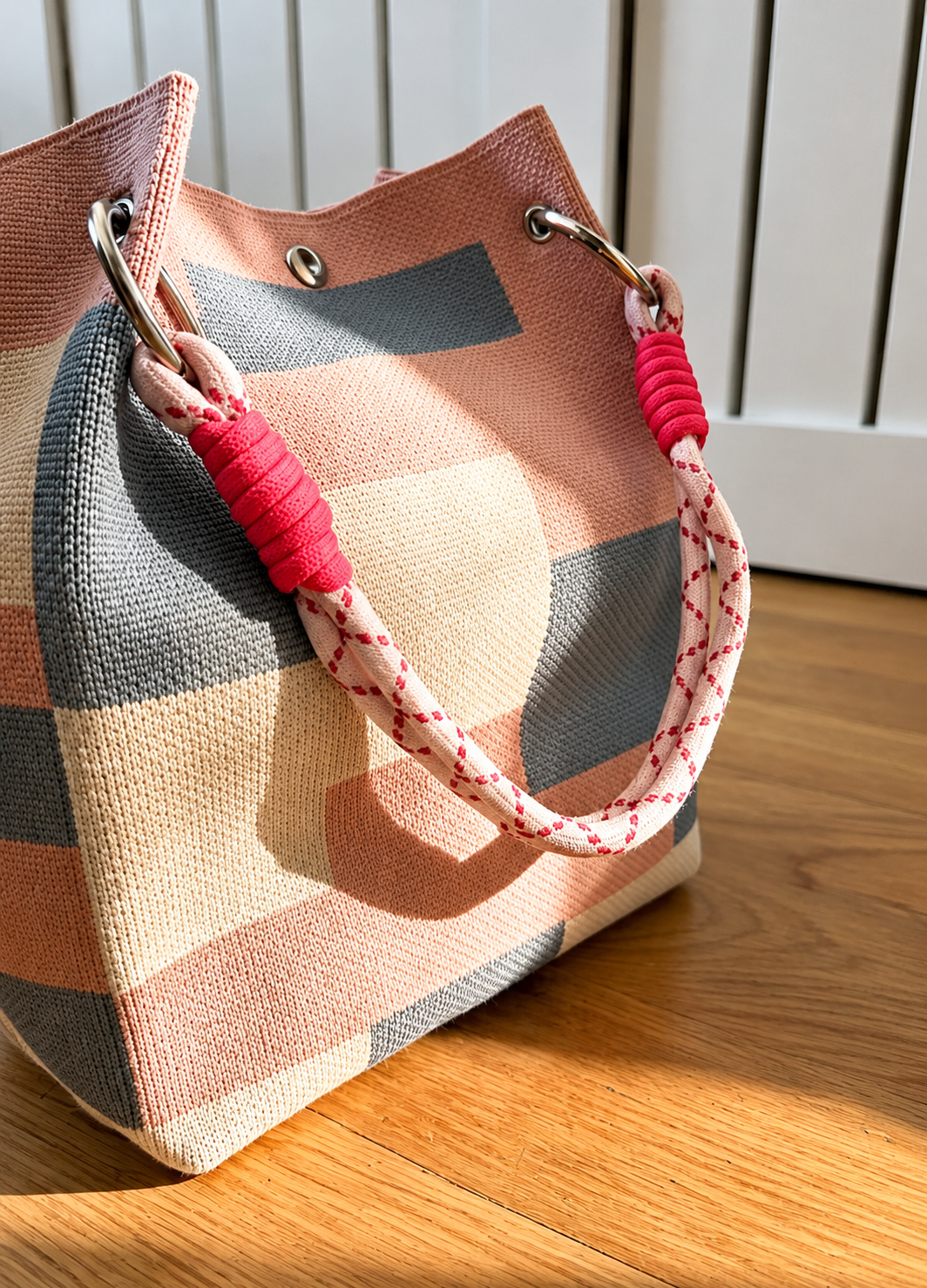 New Pink Blue Block Knit Bucket Bag - Image 2