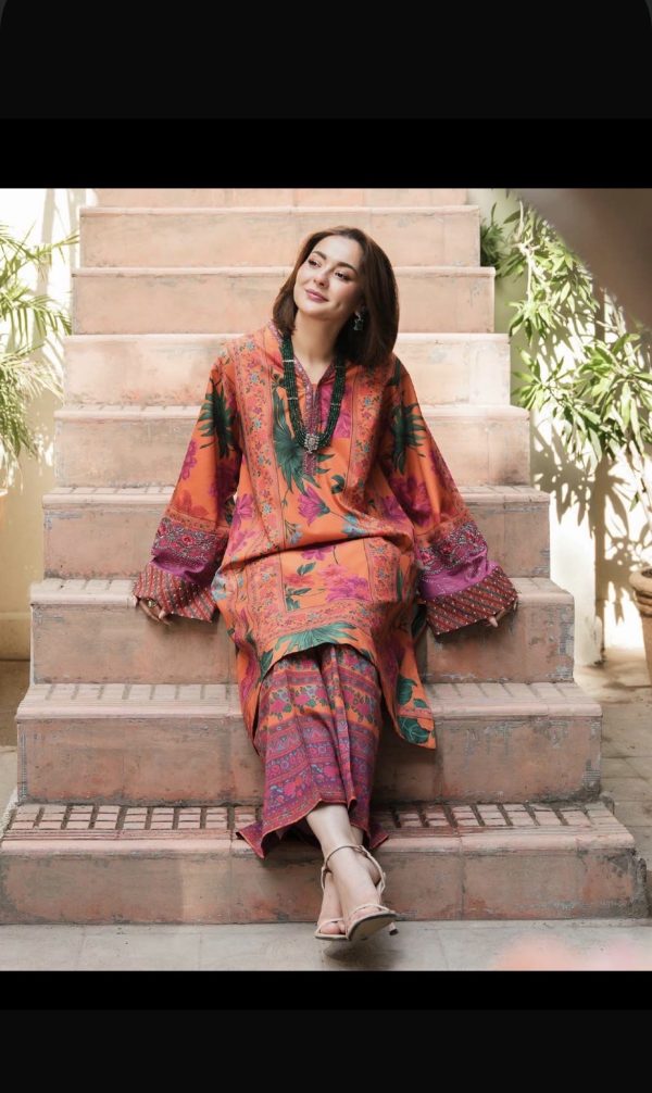 Orange Floral Print silk Suit