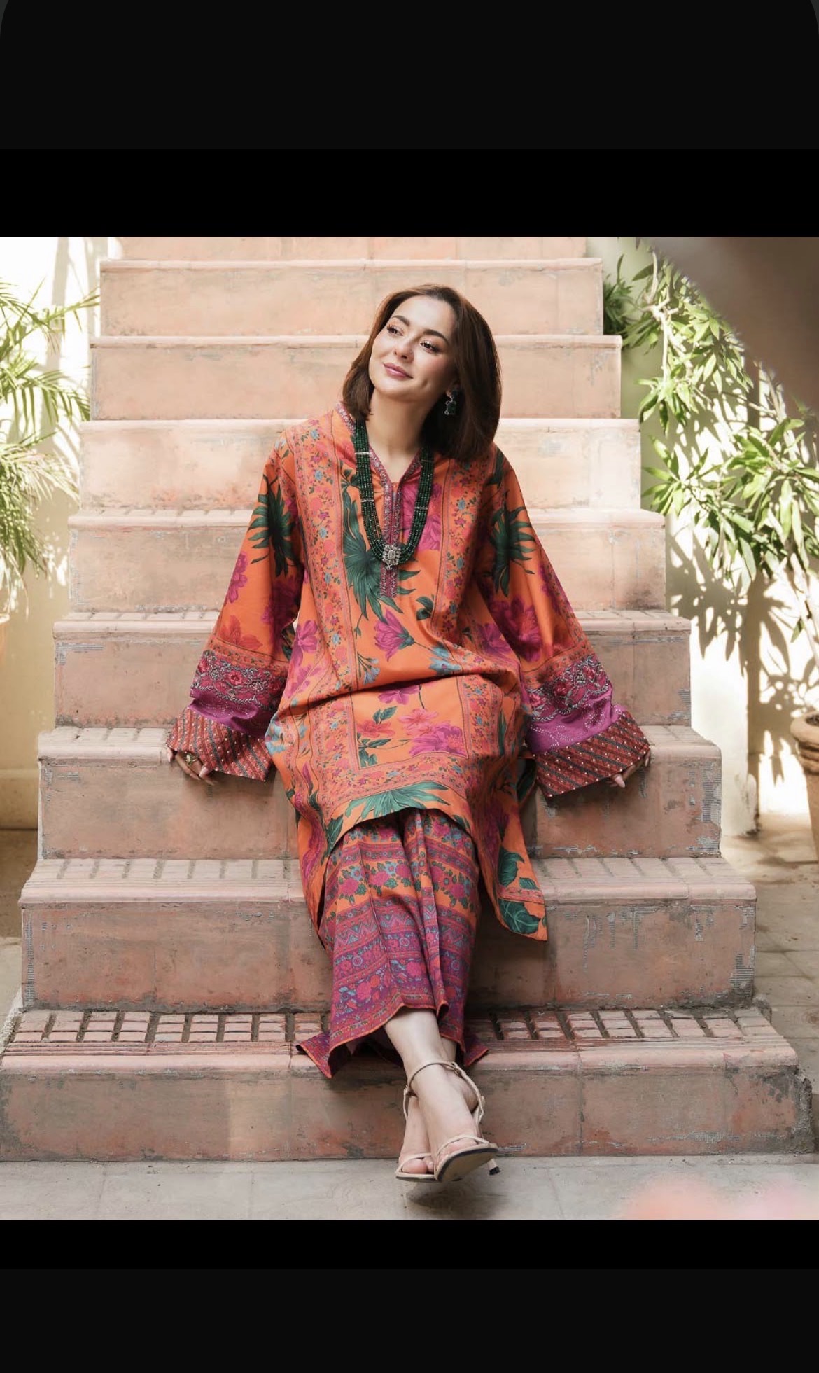 Orange Floral Print silk Suit