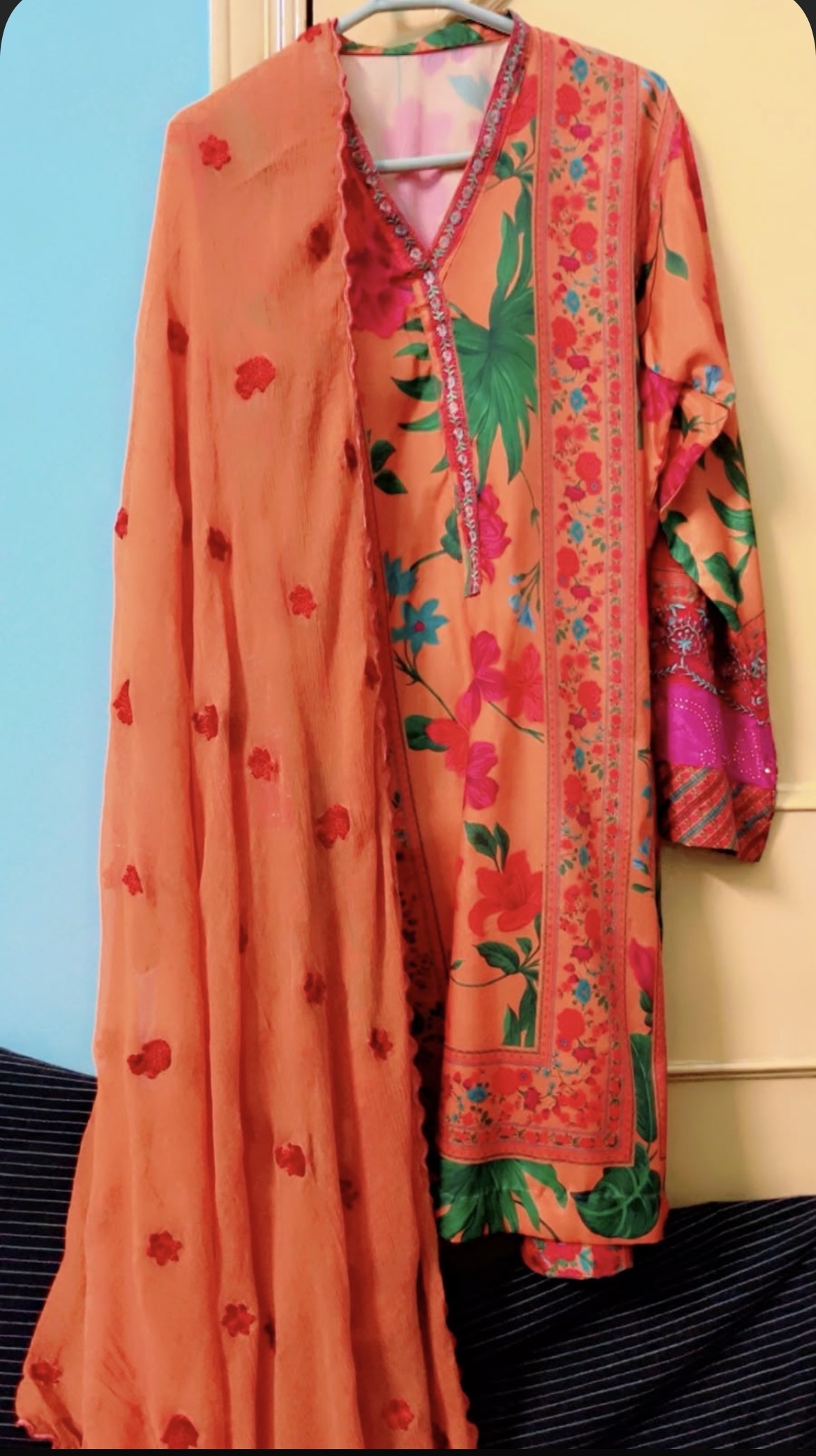 Orange Floral Print silk Suit - Image 5