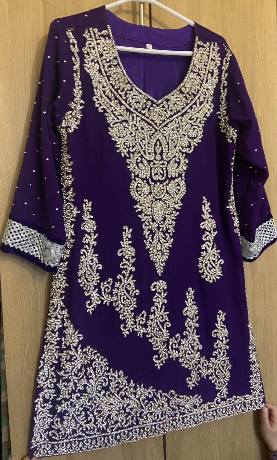 Purple EmbroideredKameez with Trousers with Silver Border - Image 2