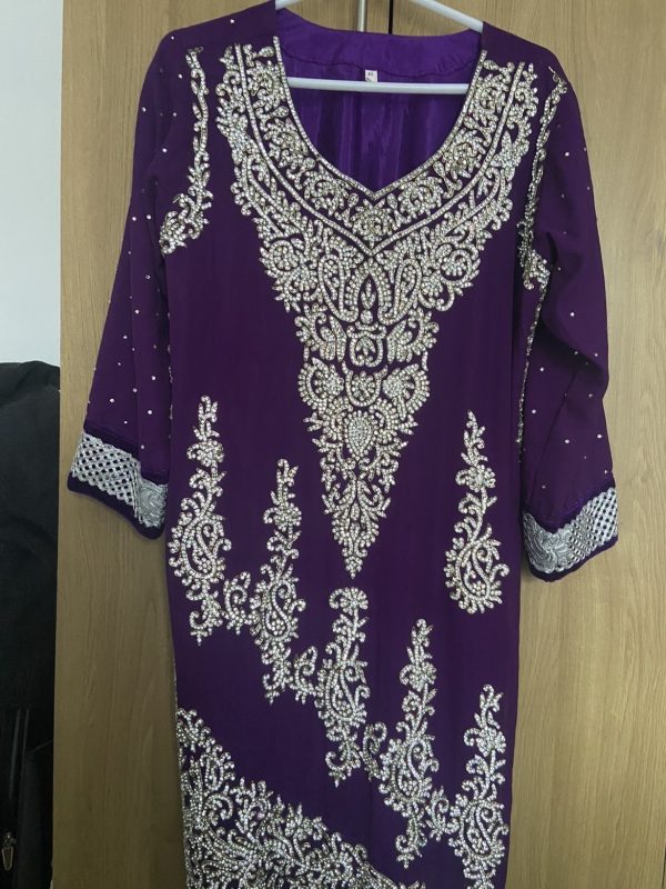 Purple EmbroideredKameez with Trousers with Silver Border