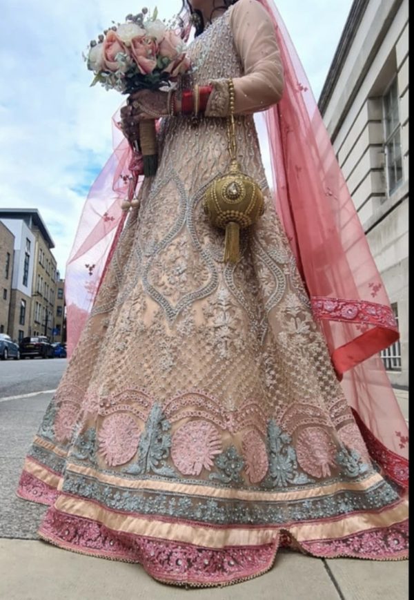 Bridal dress with Pink Dupatta and Gold Potli Bag
