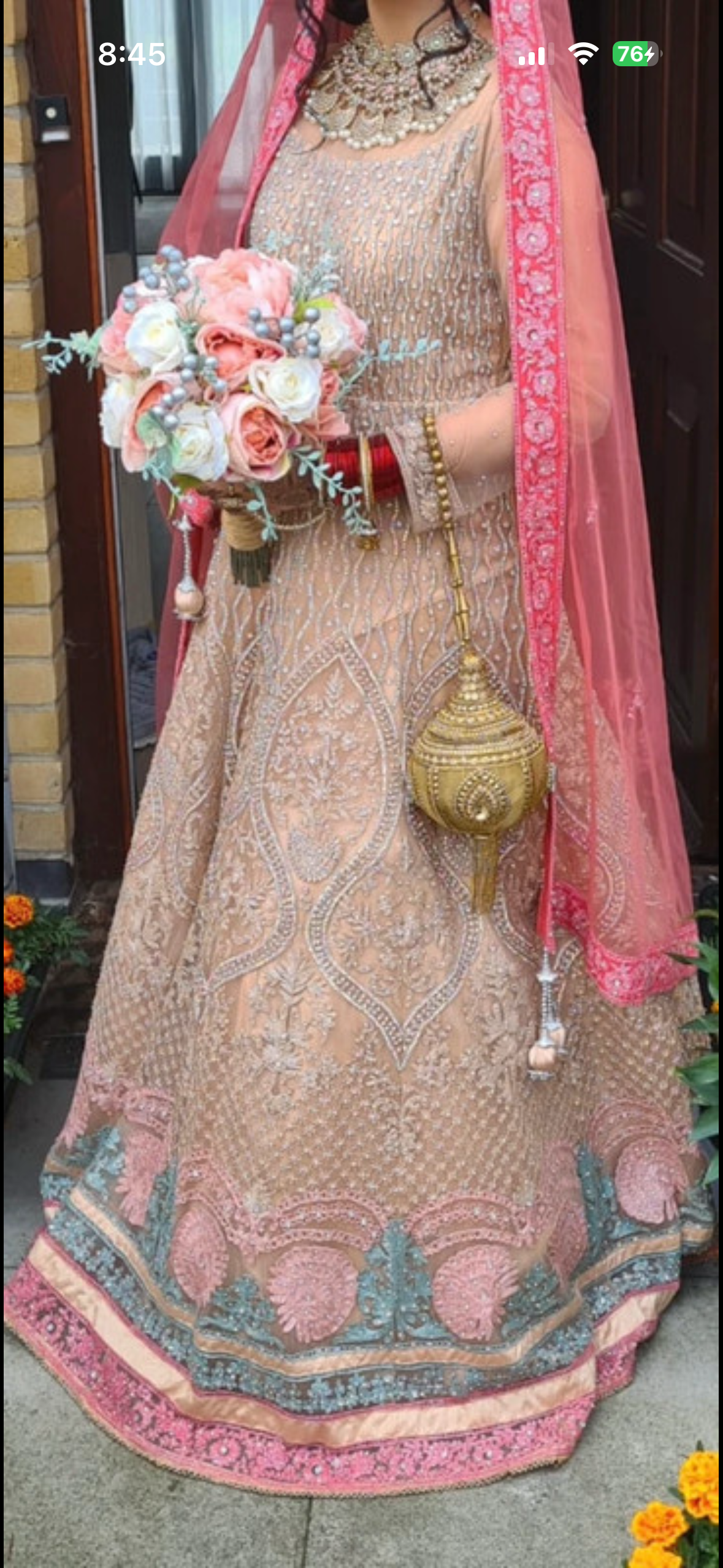 Bridal dress with Pink Dupatta and Gold Potli Bag - Image 2
