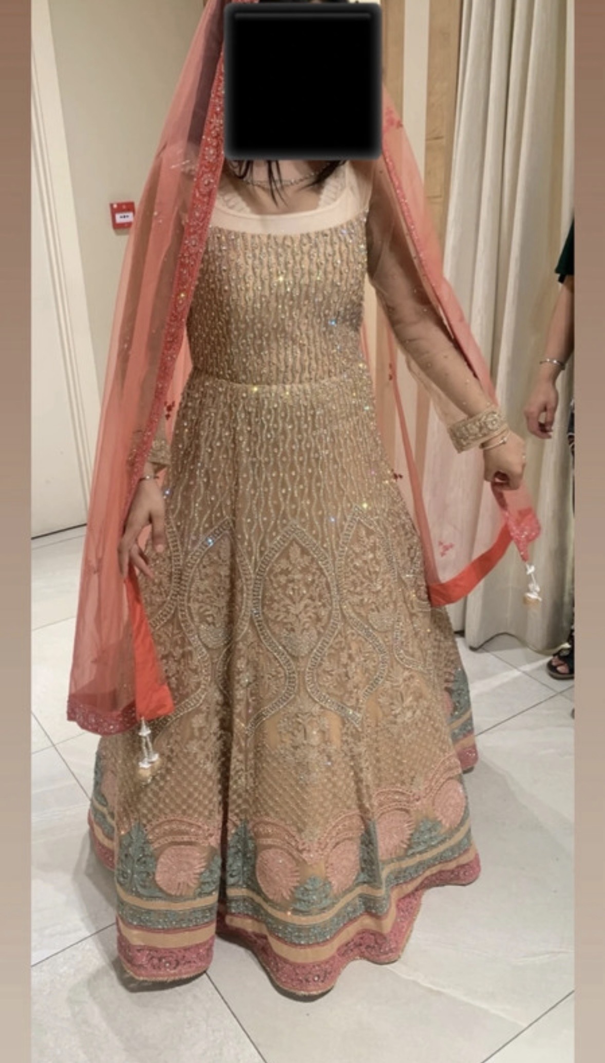 Bridal dress with Pink Dupatta and Gold Potli Bag - Image 5