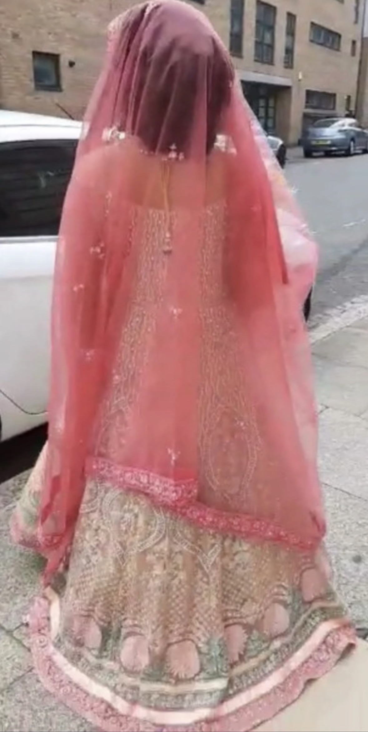 Bridal dress with Pink Dupatta and Gold Potli Bag - Image 4