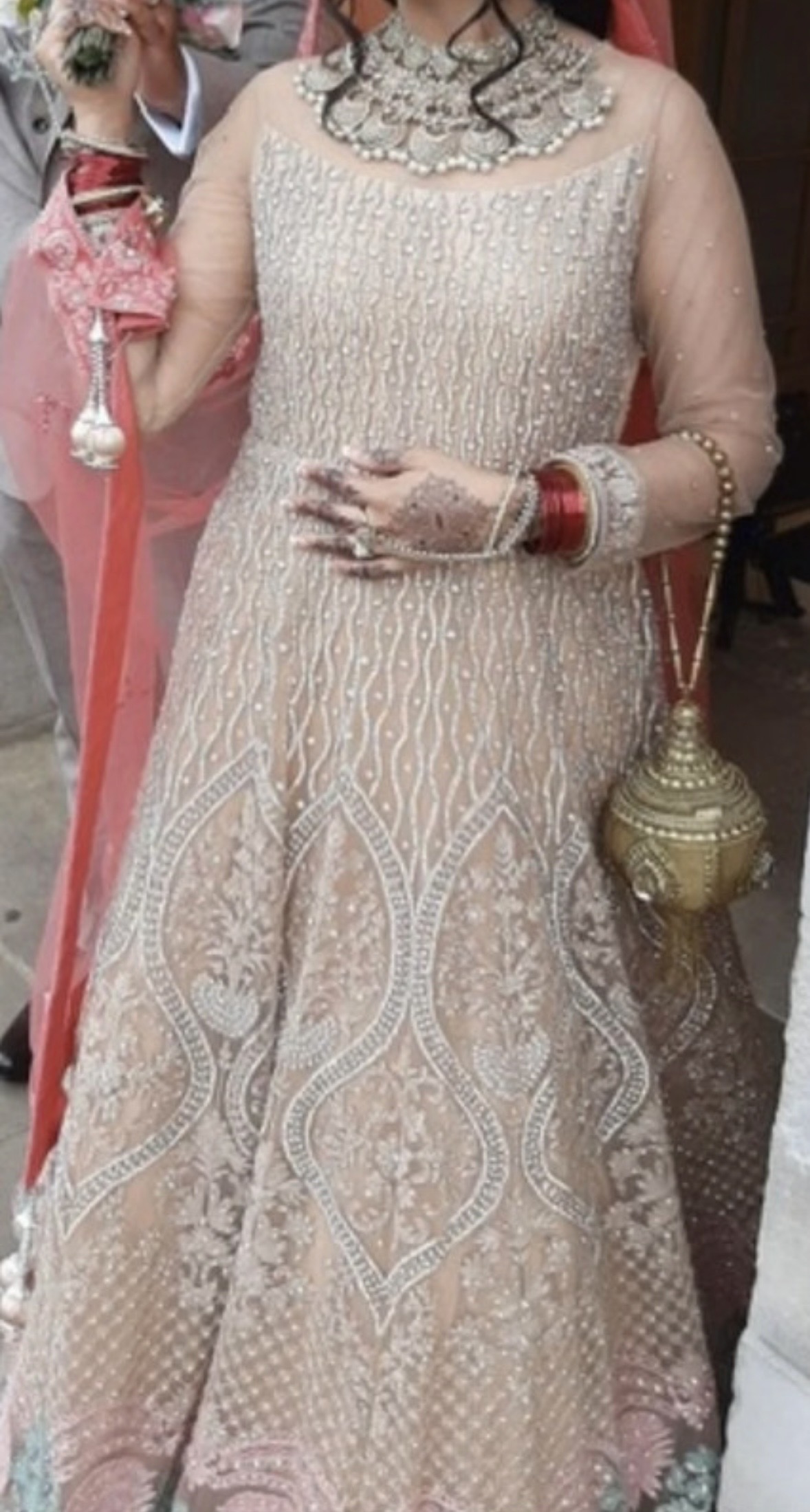 Bridal dress with Pink Dupatta and Gold Potli Bag - Image 3