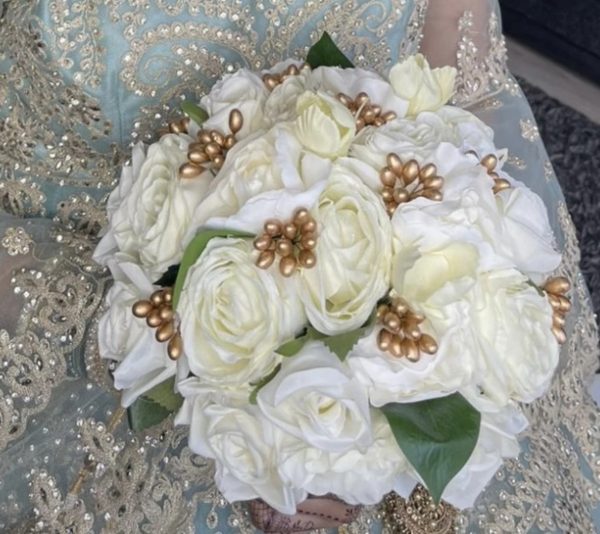 White Bridal Bouquet with Gold Accents
