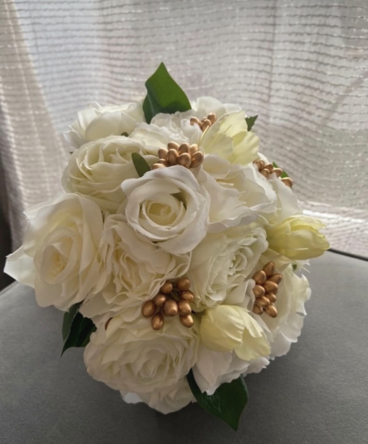 White Bridal Bouquet with Gold Accents - Image 3