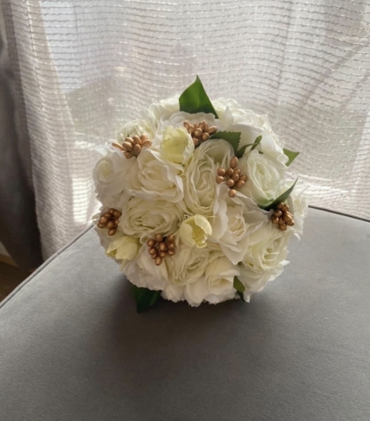 White Bridal Bouquet with Gold Accents - Image 4