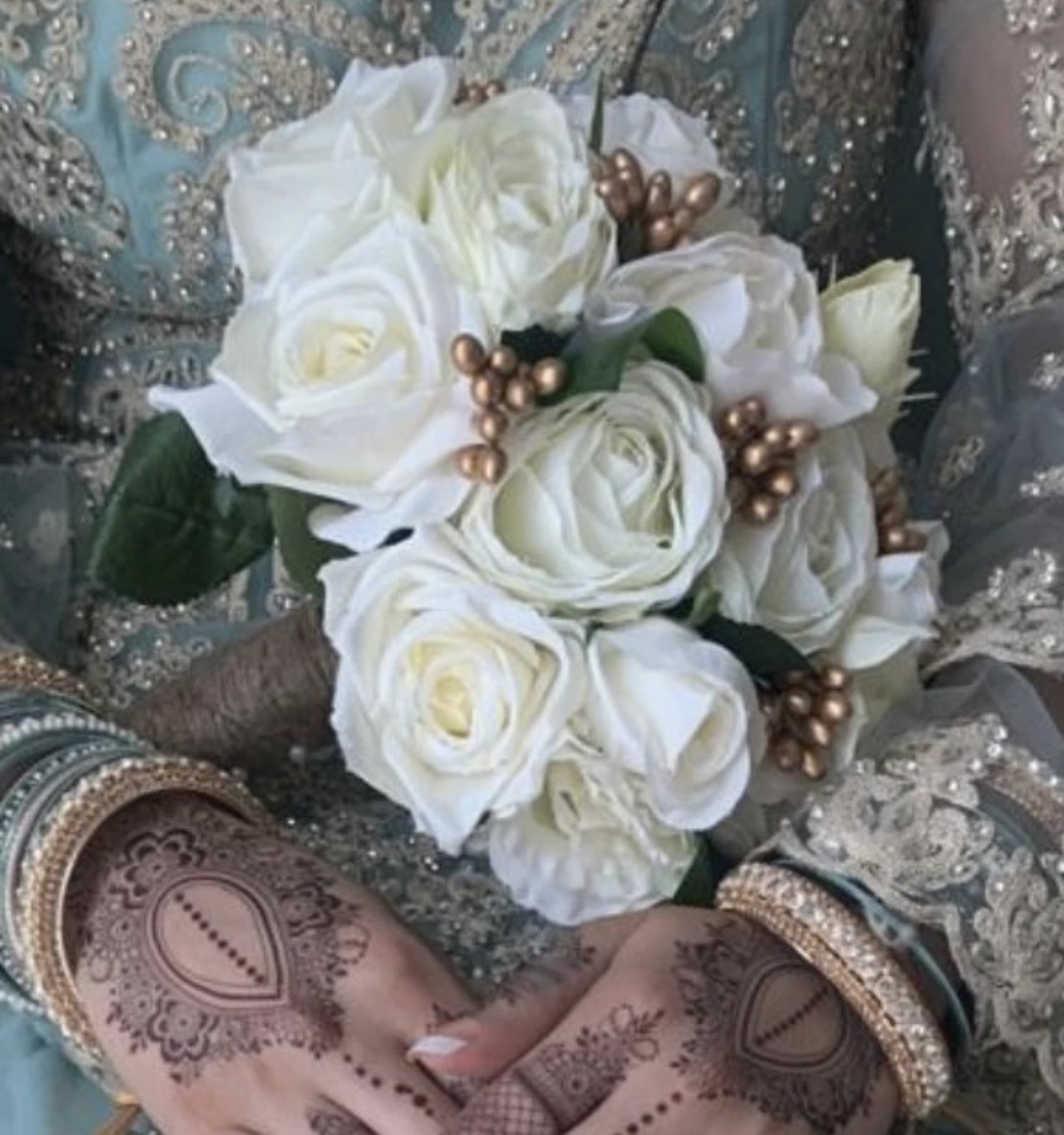 White Bridal Bouquet with Gold Accents - Image 2