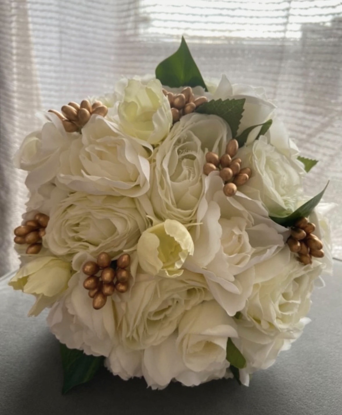 White Bridal Bouquet with Gold Accents - Image 5