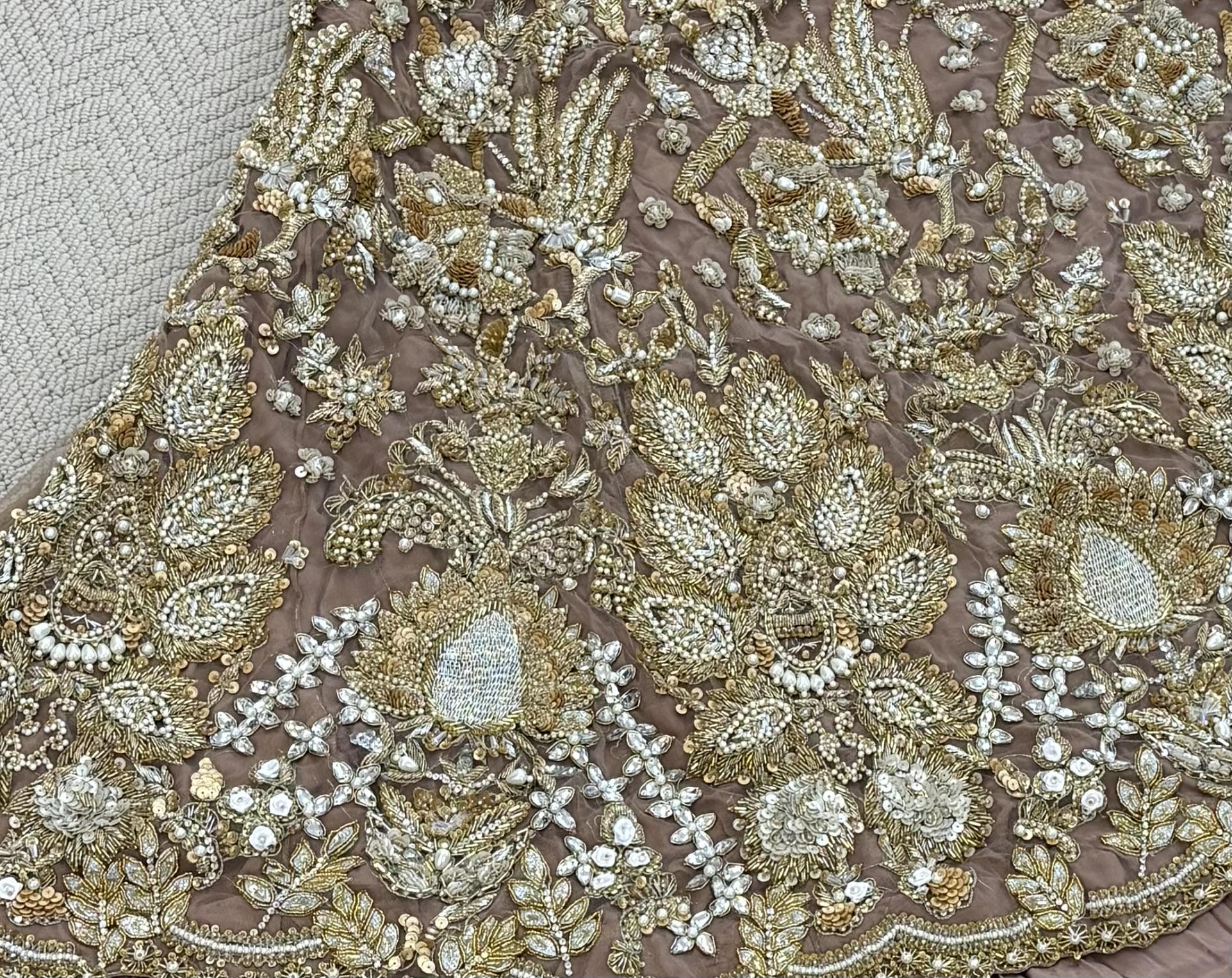 Champagne Bridal Lehenga with Intricate Gold Embroidery - Image 3