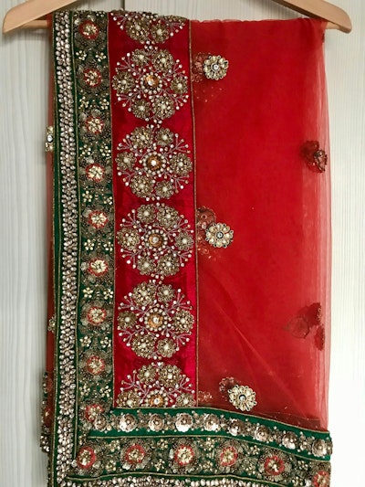 Rust Orange Bridal Lehenga with Gold, Red & Green Embroidery - Image 5