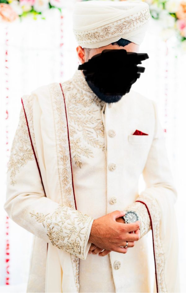 Men's Cream Sherwani with Gold Embroidery and Red Pocket Square