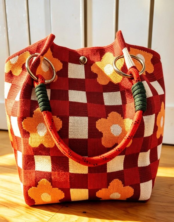 New Red Orange Checkered Flower Knit Bucket Bag