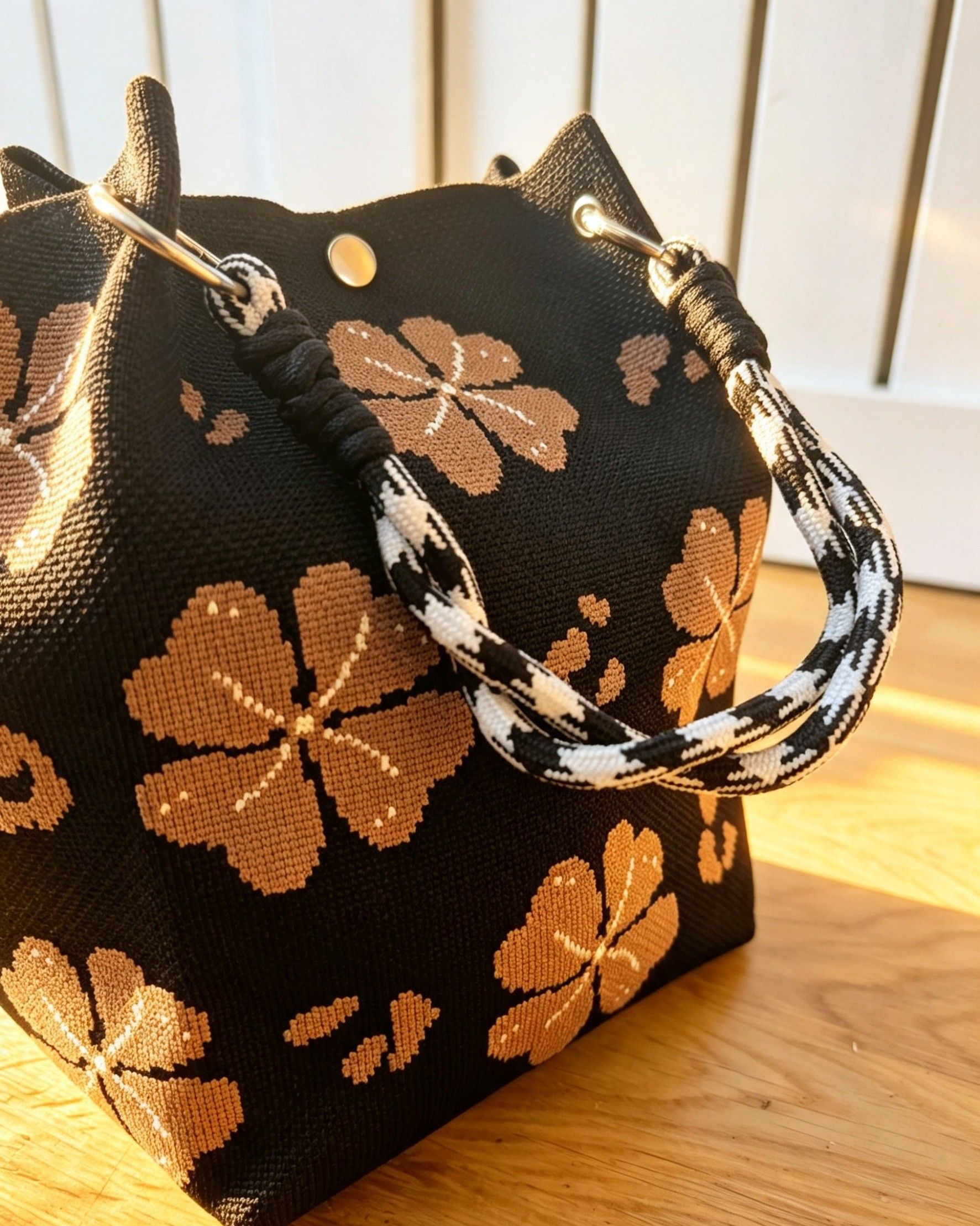 New Black Brown Flower Knit Bucket Bag - Image 2