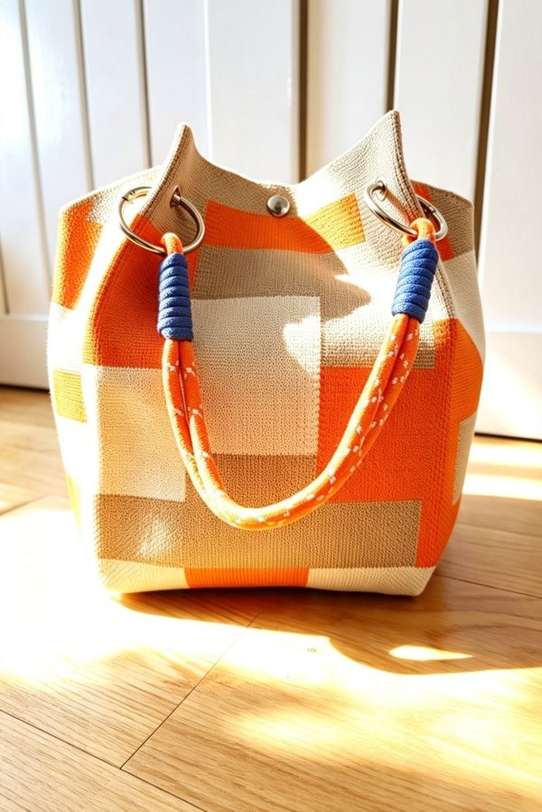 Orange & Beige Patchwork Bucket Bag with Rope Handles & Silver Hardware