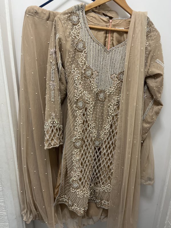 Tan lehnga Suit with Heavy Beaded and Sequinned Neckline