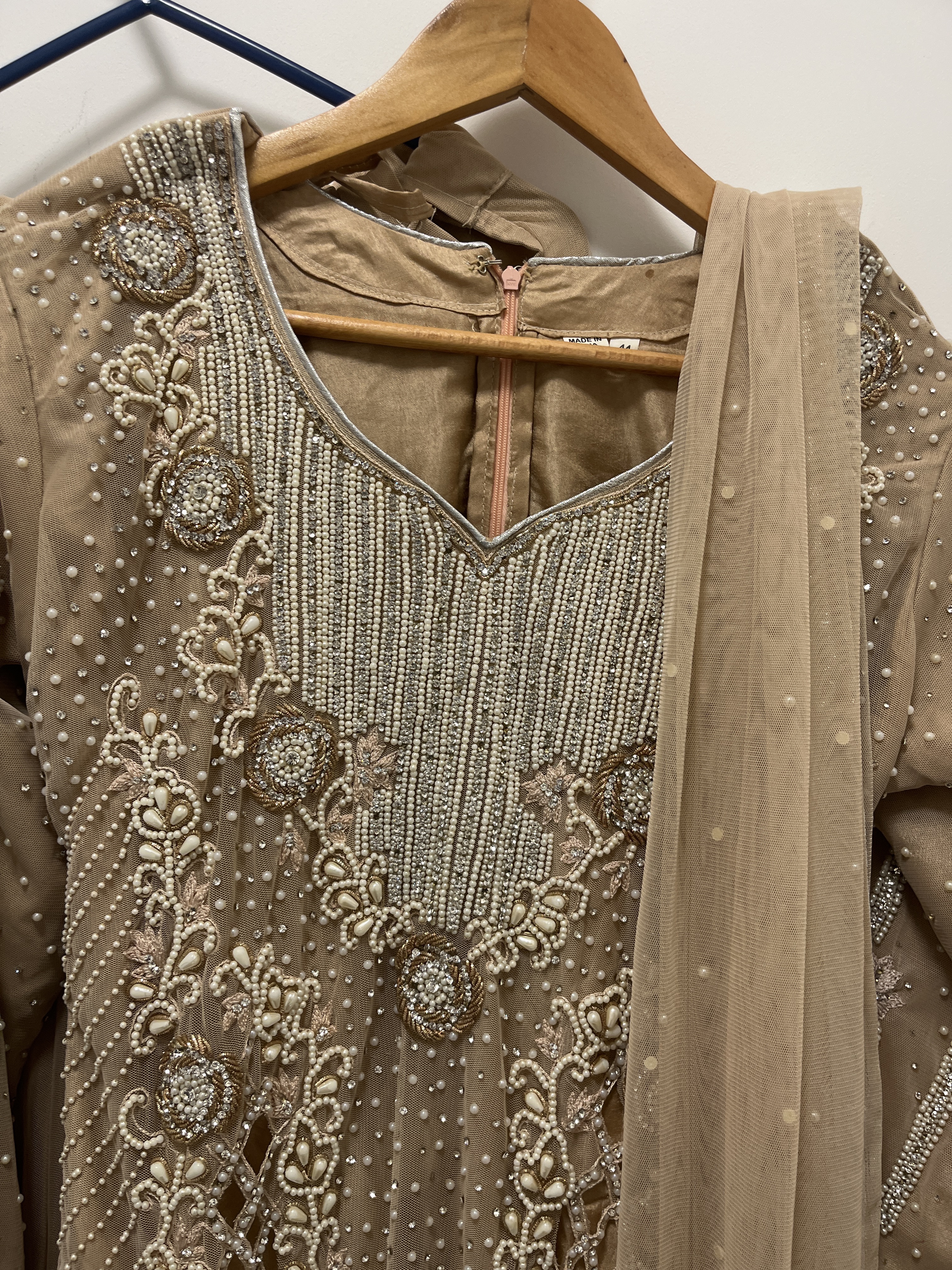 Tan lehnga Suit with Heavy Beaded and Sequinned Neckline - Image 2