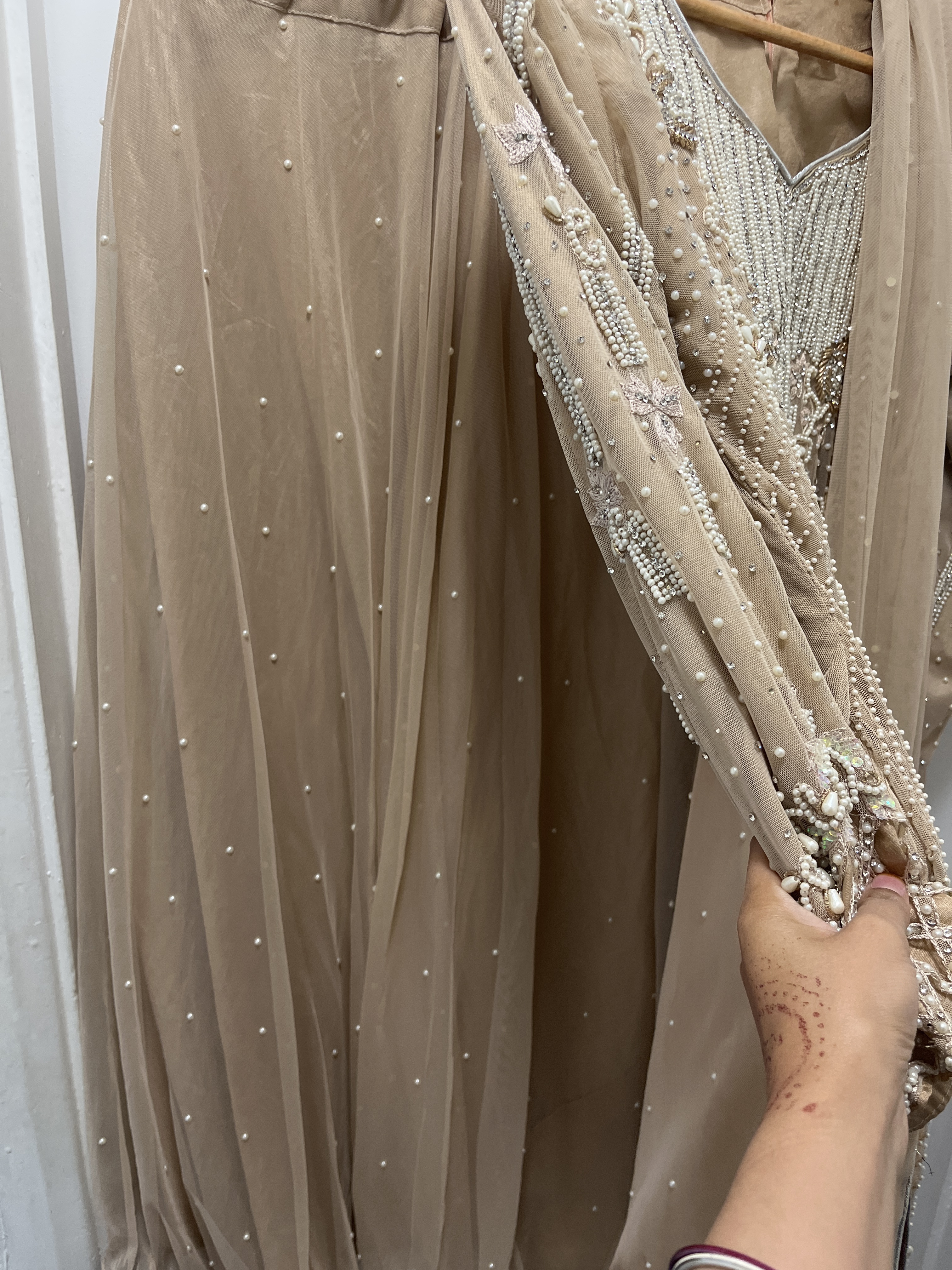Tan lehnga Suit with Heavy Beaded and Sequinned Neckline - Image 4