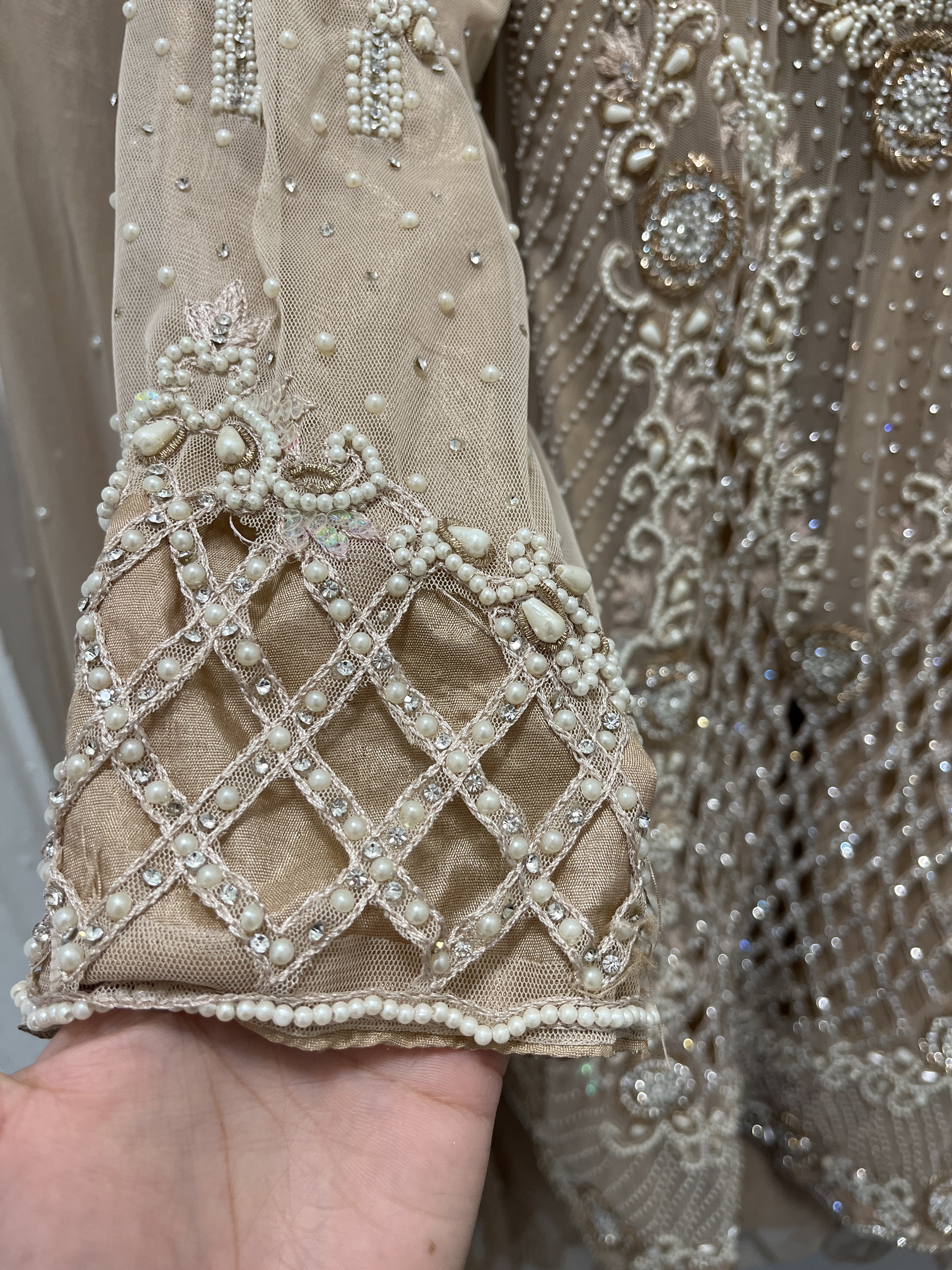 Tan lehnga Suit with Heavy Beaded and Sequinned Neckline - Image 6
