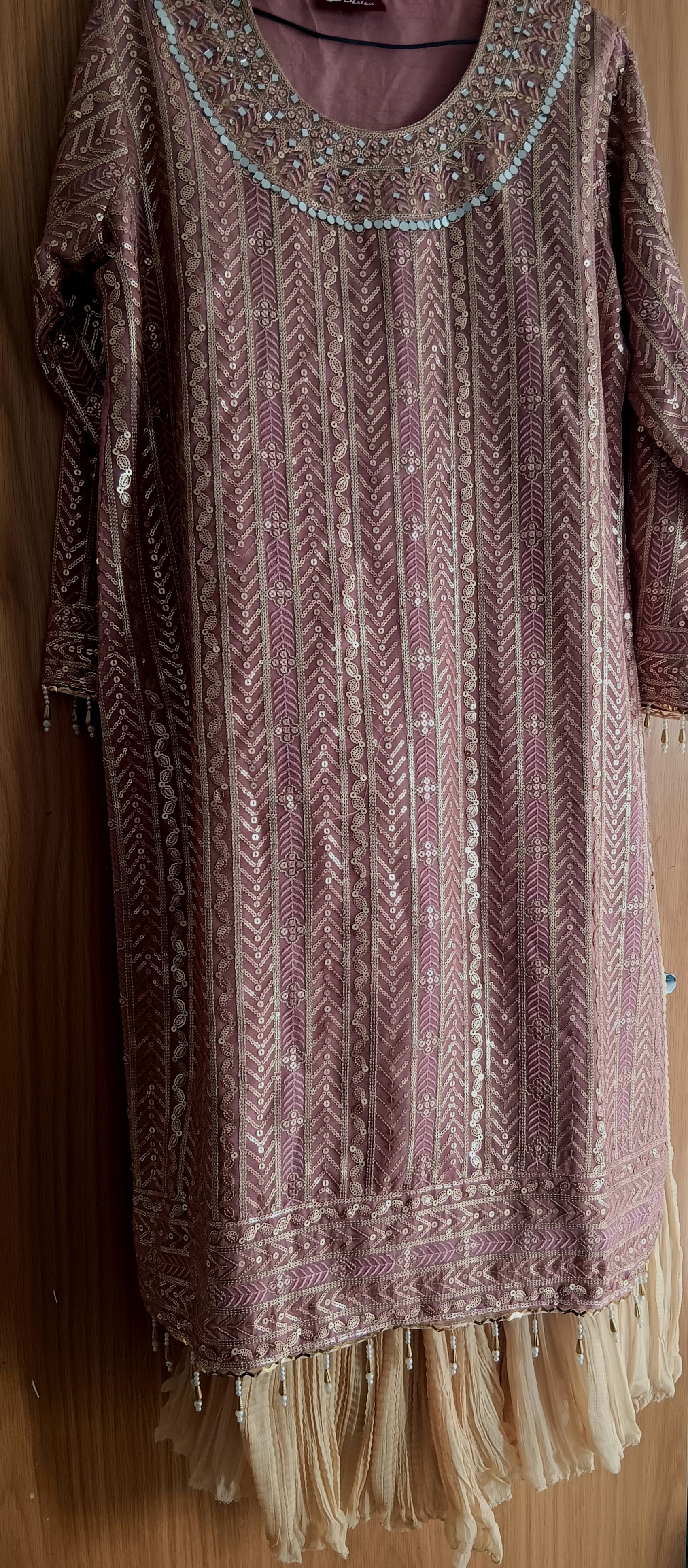 3-Piece Sequin Kameez Suit with Cream Pleated Gharara - Image 12