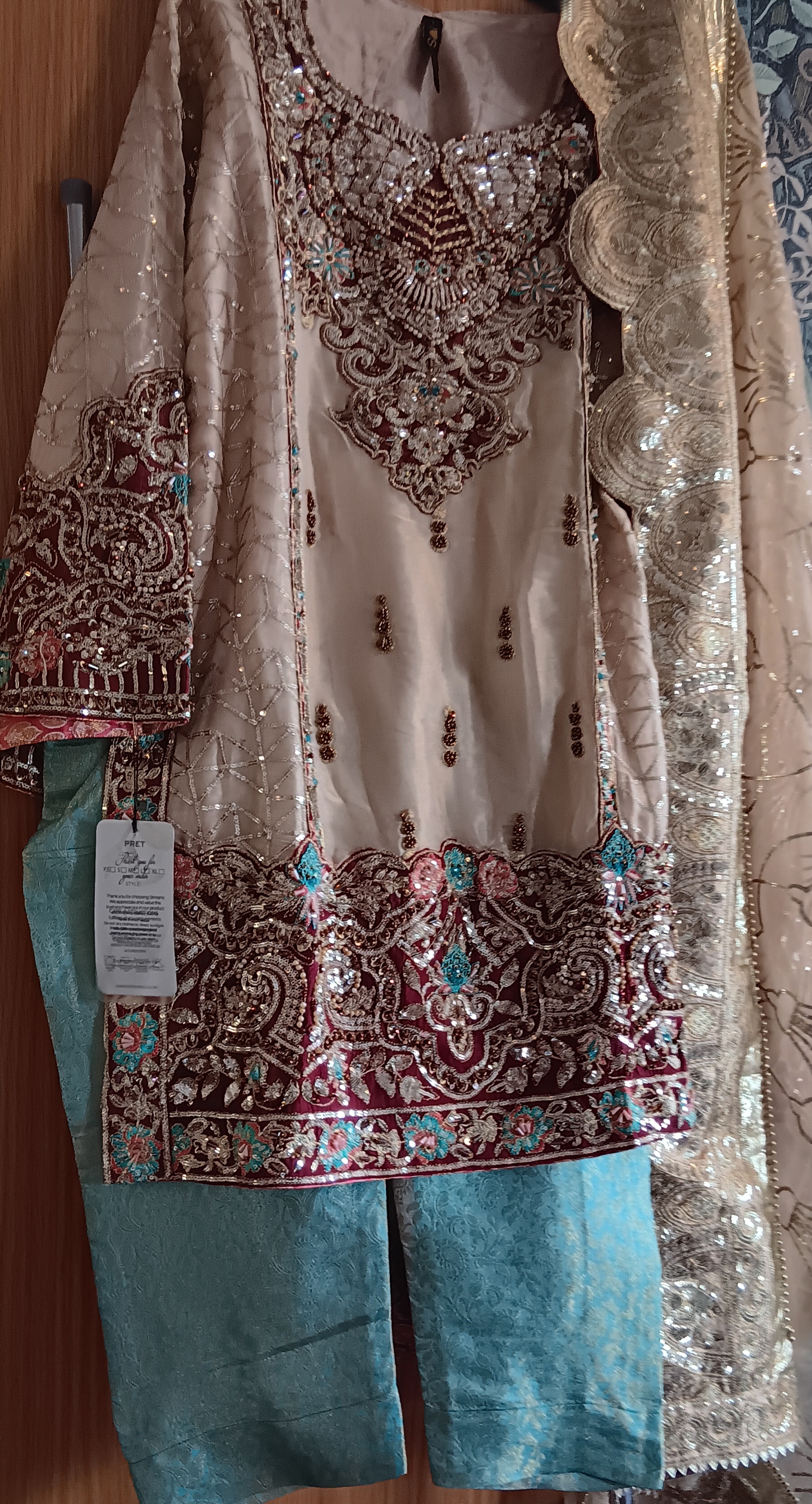 Cream and Red Embellished Lehenga Set - Image 18