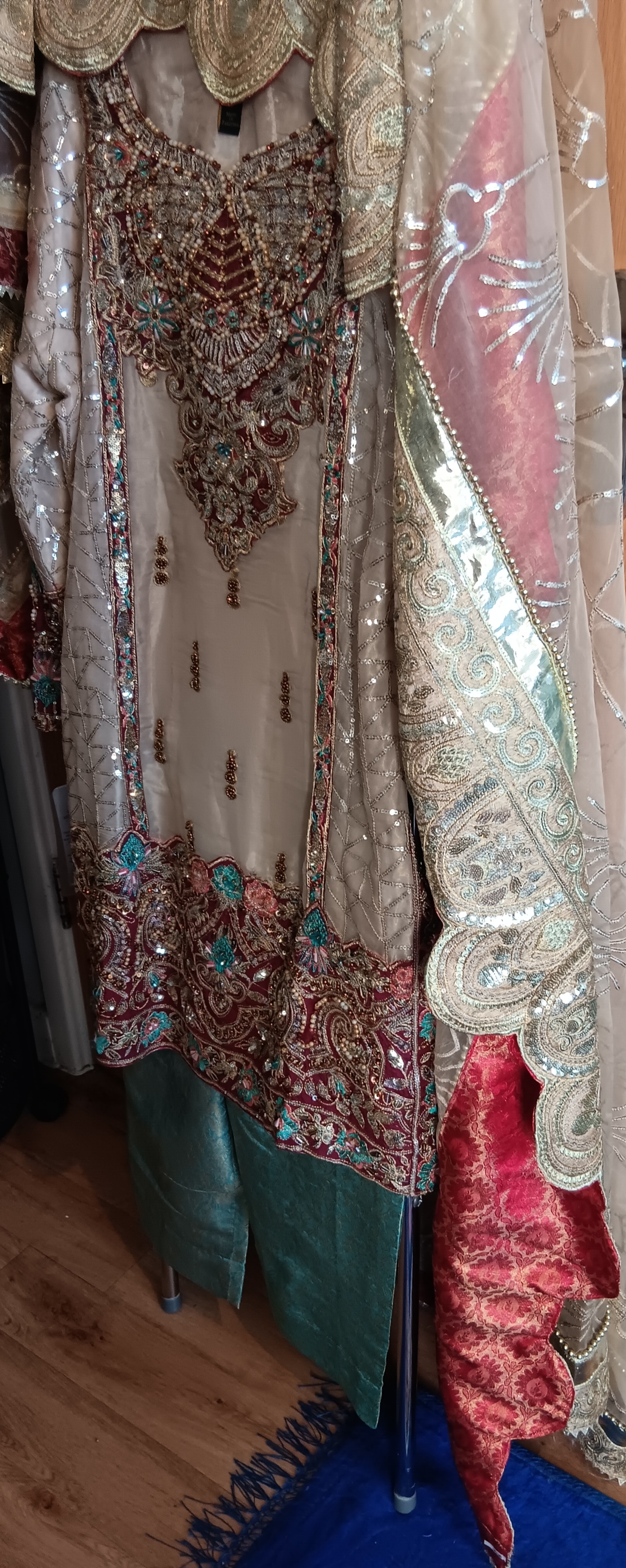 Cream and Red Embellished Lehenga Set - Image 4