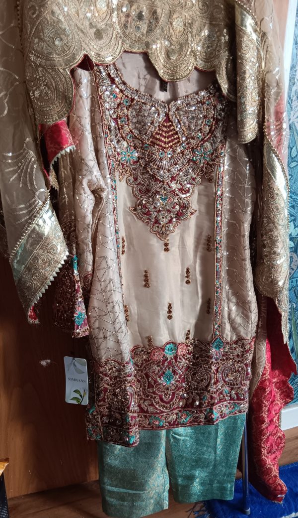 Cream and Red Embellished Lehenga Set