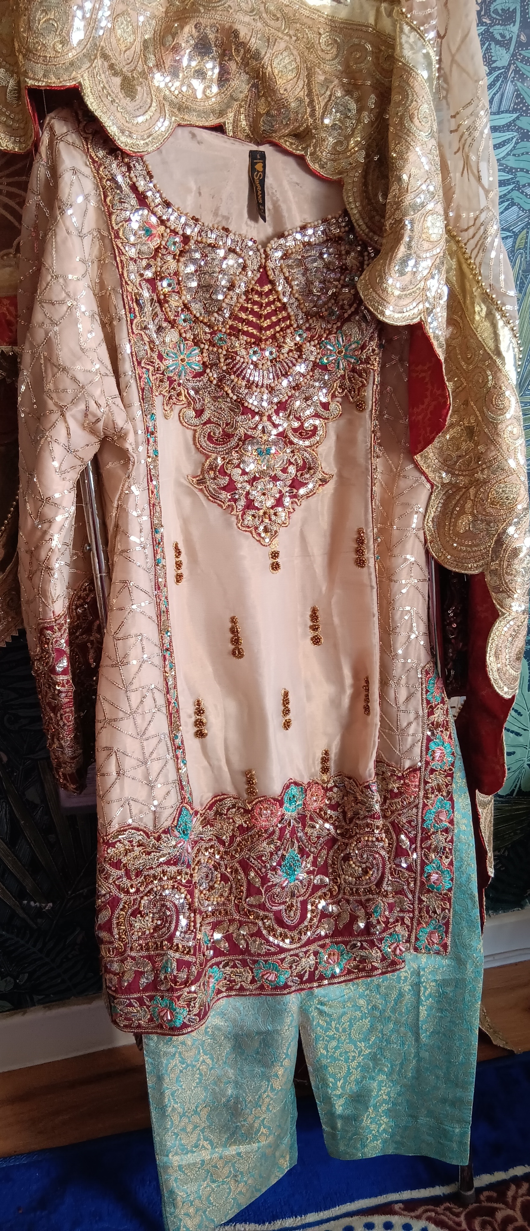 Cream and Red Embellished Lehenga Set - Image 9