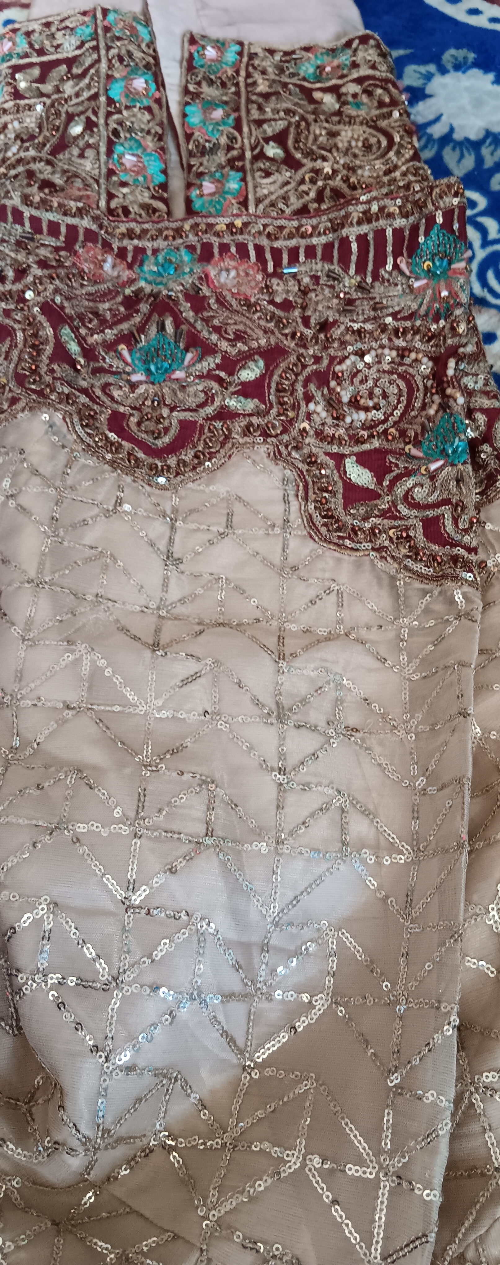 Cream and Red Embellished Lehenga Set - Image 3