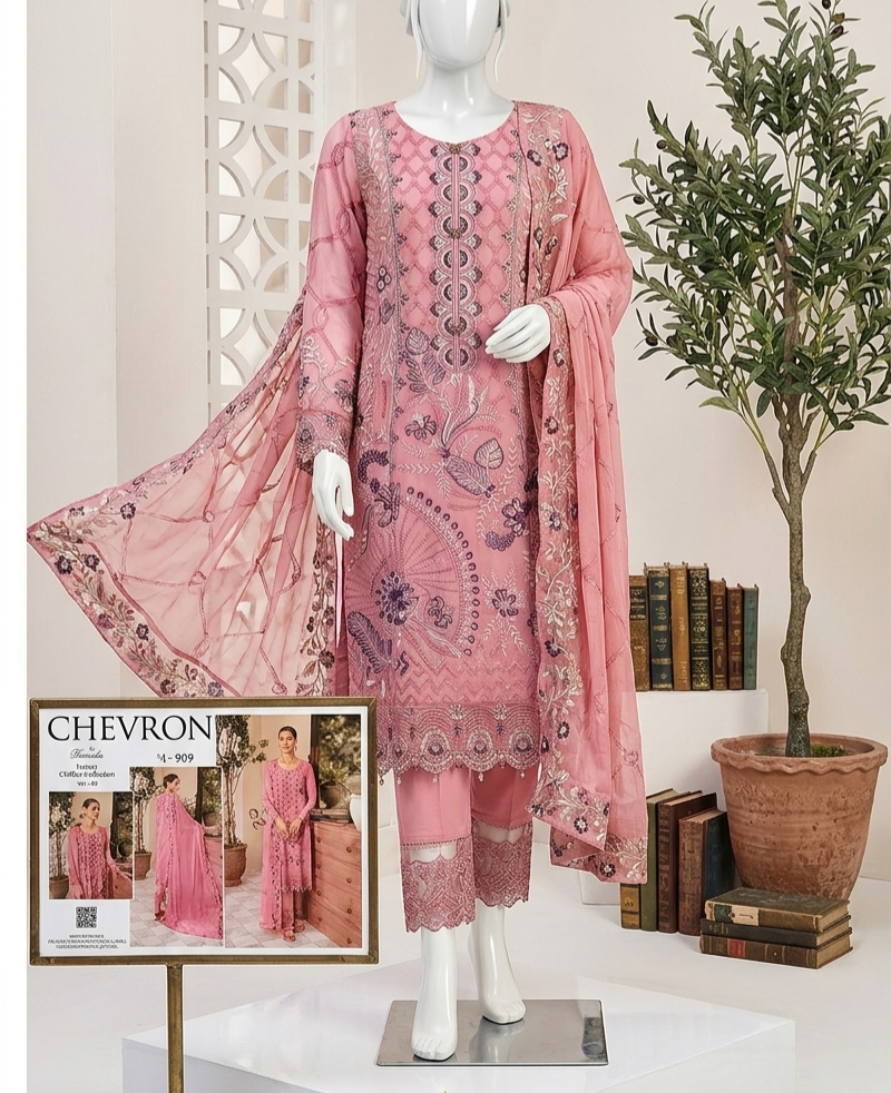 Ramsha Chevron Vol 09 Dusty Pink Embroidered Chiffon 3 Piece Suit - Size S - Image 7