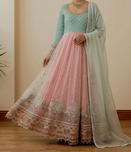 Mint Green & Pink Pearl Embellished Anarkali Suit Set 3 Piece - Image 13