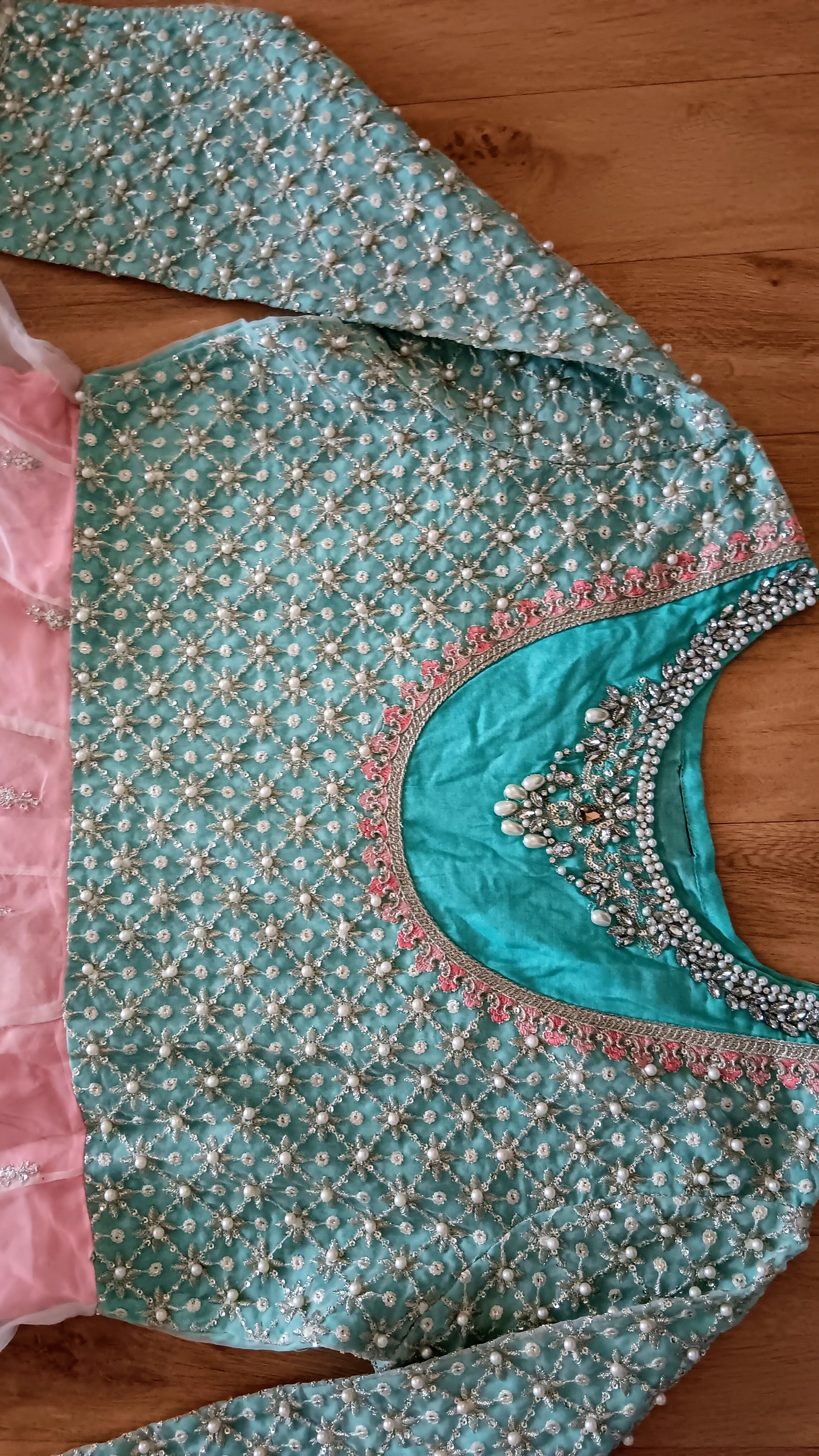 Mint Green & Pink Pearl Embellished Anarkali Suit Set 3 Piece - Image 20