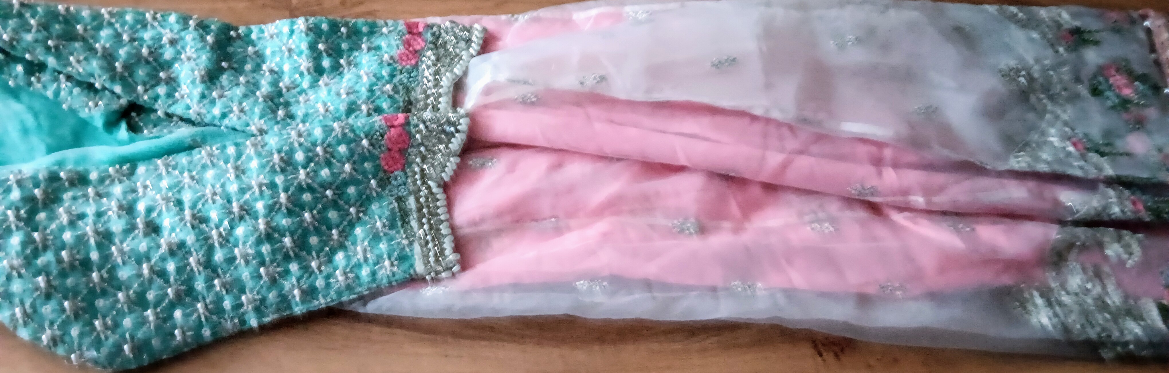 Mint Green & Pink Pearl Embellished Anarkali Suit Set 3 Piece - Image 18