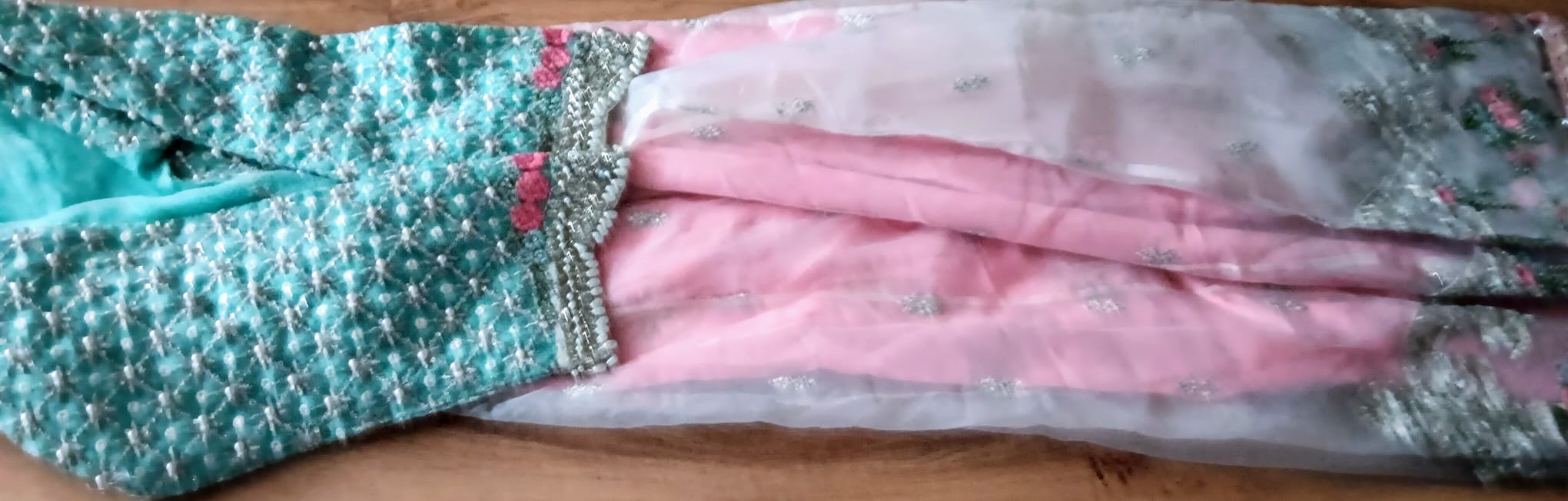 Mint Green & Pink Pearl Embellished Anarkali Suit Set 3 Piece - Image 2