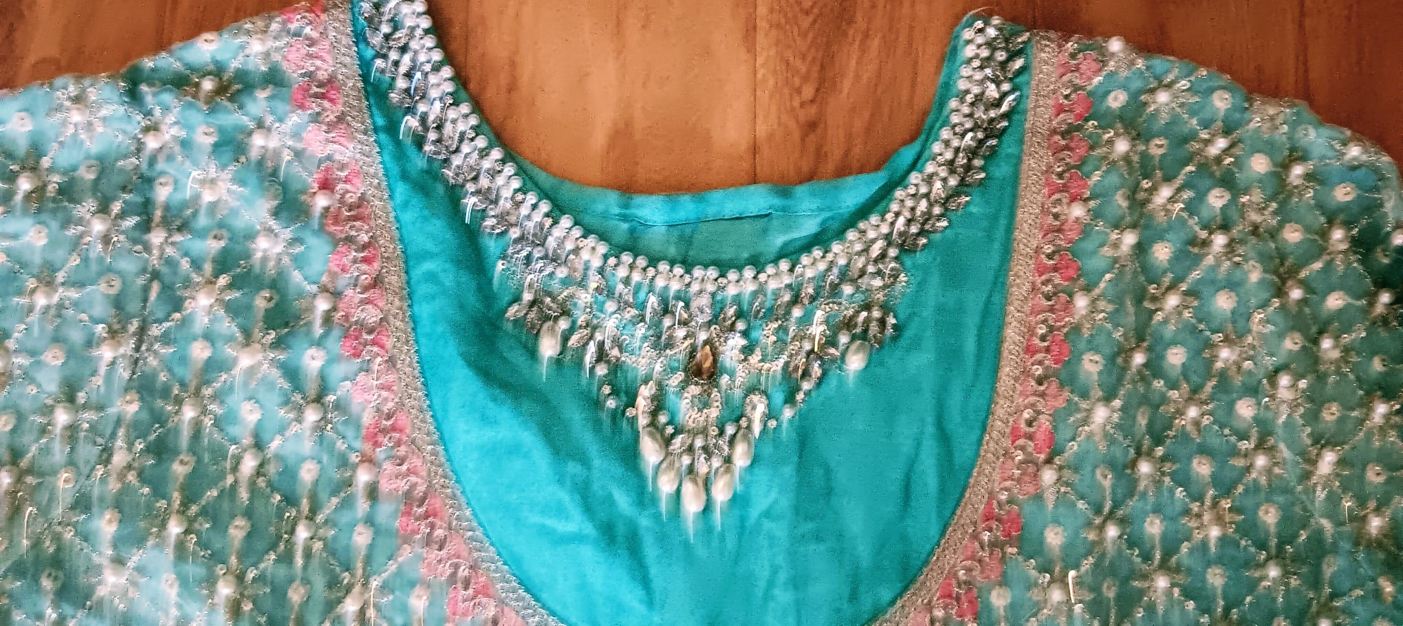 Mint Green & Pink Pearl Embellished Anarkali Suit Set 3 Piece - Image 15