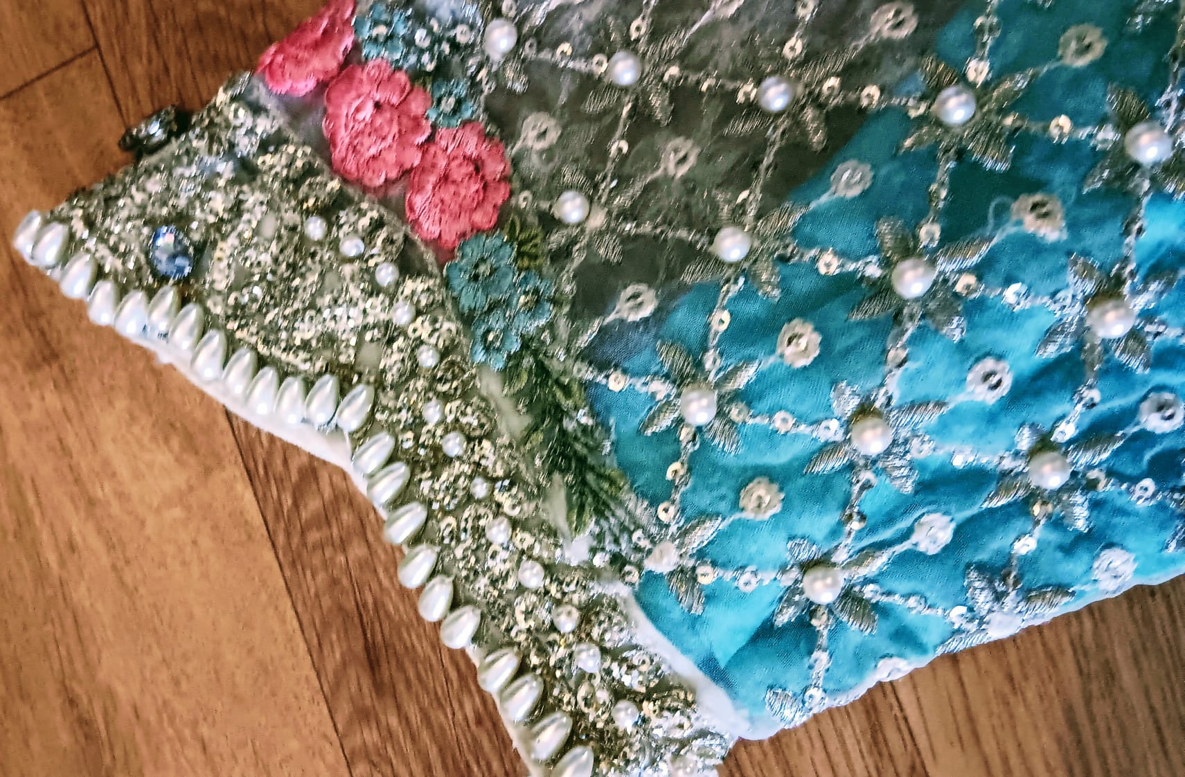 Mint Green & Pink Pearl Embellished Anarkali Suit Set 3 Piece - Image 16