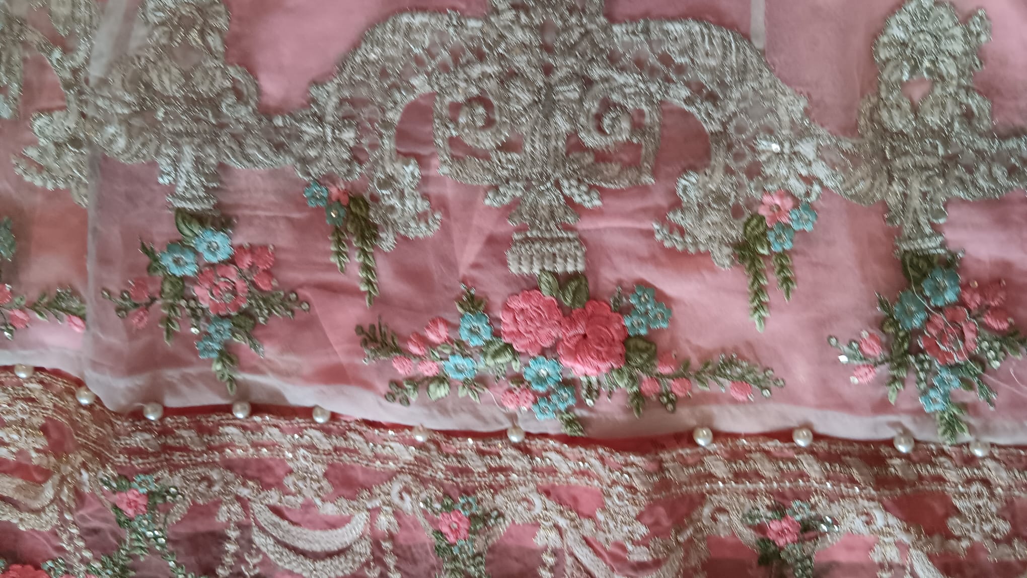 Mint Green & Pink Pearl Embellished Anarkali Suit Set 3 Piece - Image 11