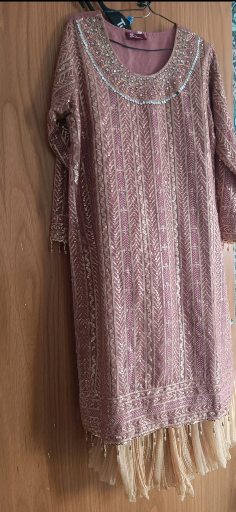 3-Piece Sequin Kameez Suit with Cream Pleated Gharara - Image 8
