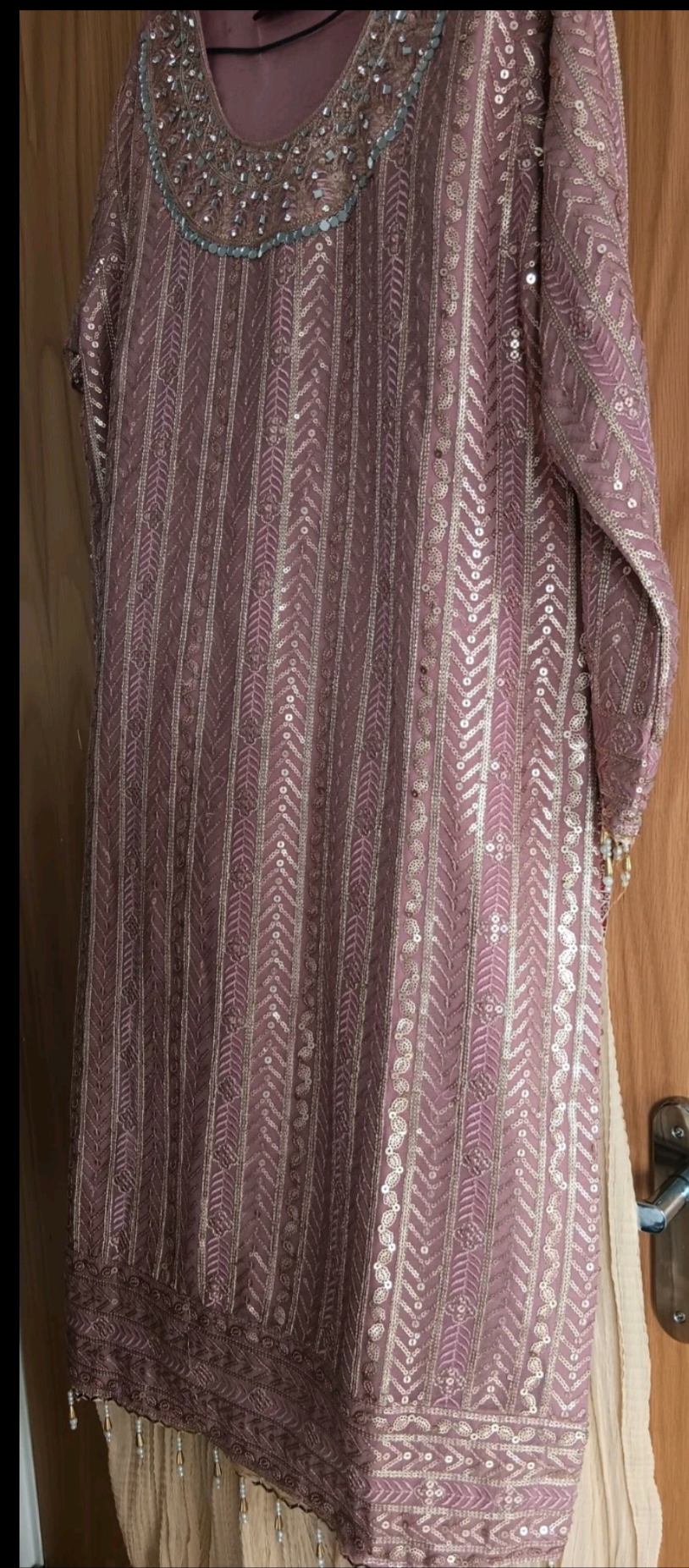 3-Piece Sequin Kameez Suit with Cream Pleated Gharara - Image 10