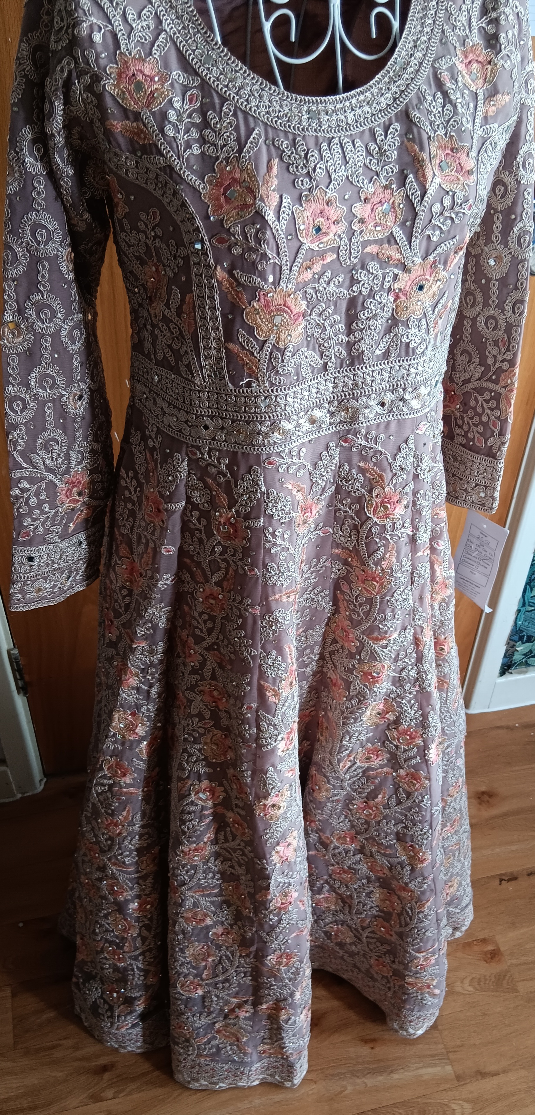 Pink Beige Anarkali Suit with Embroidered Bodice organza Dupatta belt and bag - Image 5