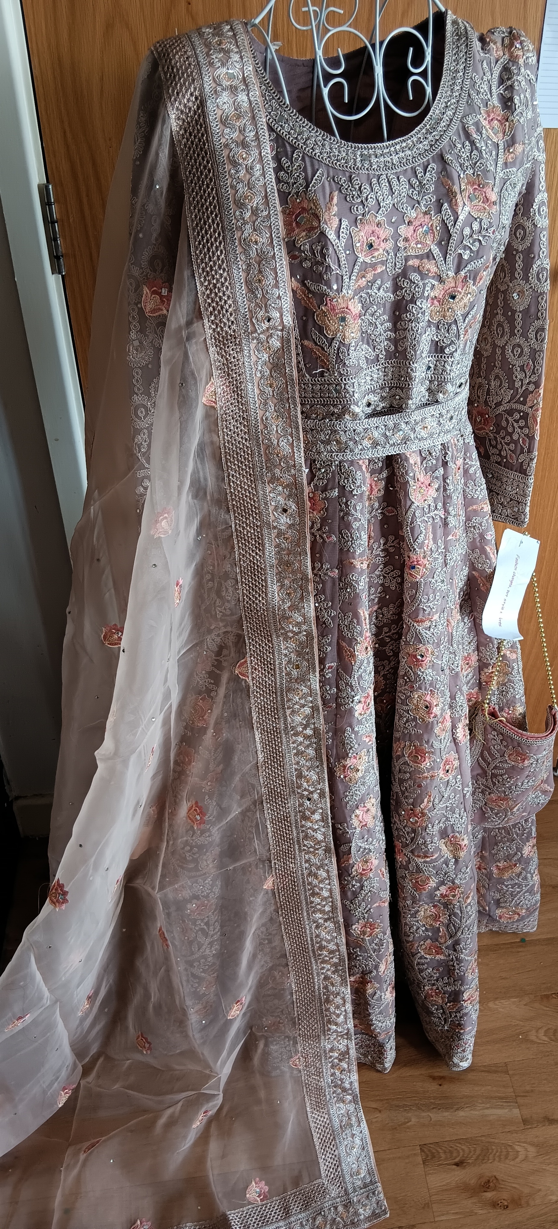 Pink Beige Anarkali Suit with Embroidered Bodice organza Dupatta belt and bag - Image 6