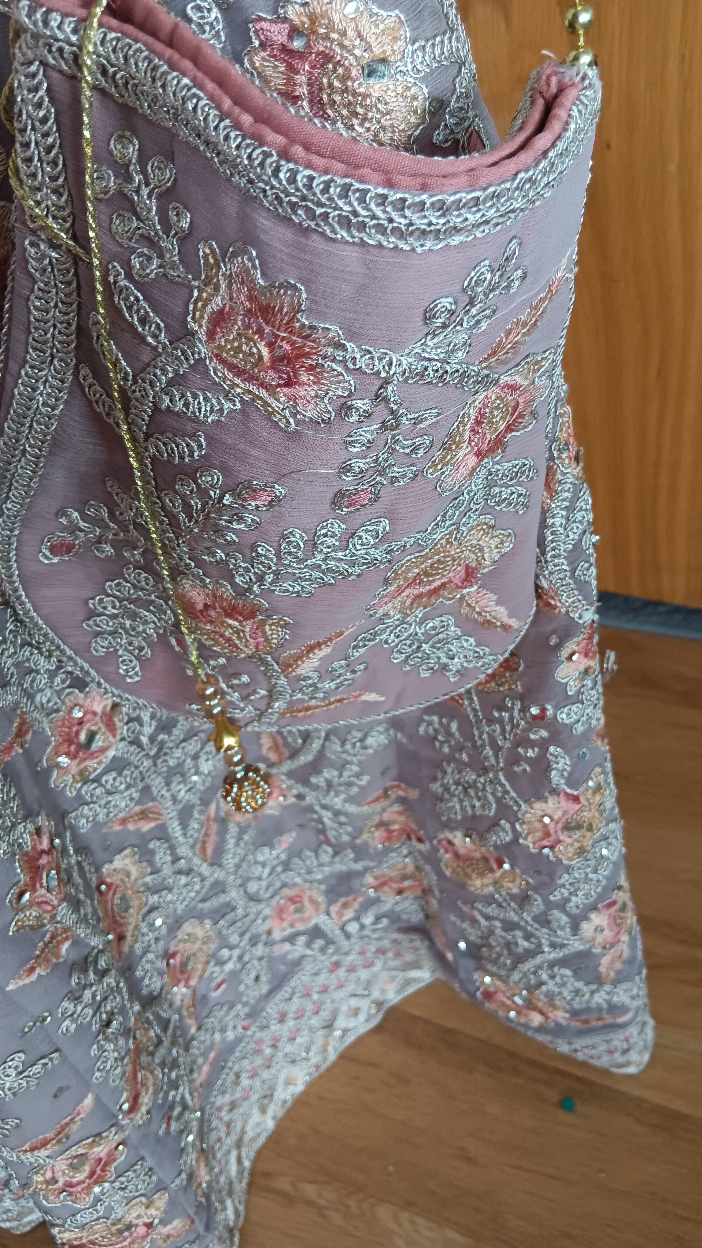 Pink Beige Anarkali Suit with Embroidered Bodice organza Dupatta belt and bag - Image 15
